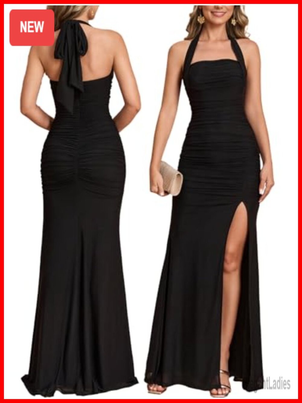 Women Halter Tie High Slit Wedding Guest Maxi Dress